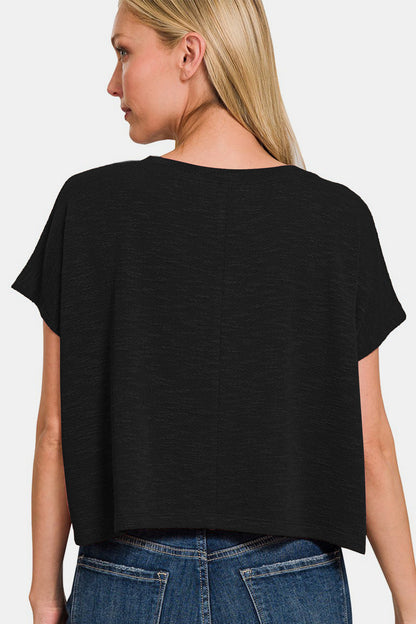 V-Neck Drop Shoulder Short Sleeve Crop Top