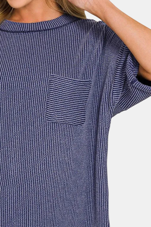 Raised Rib Short Sleeve Front Pocket Top / NAVY