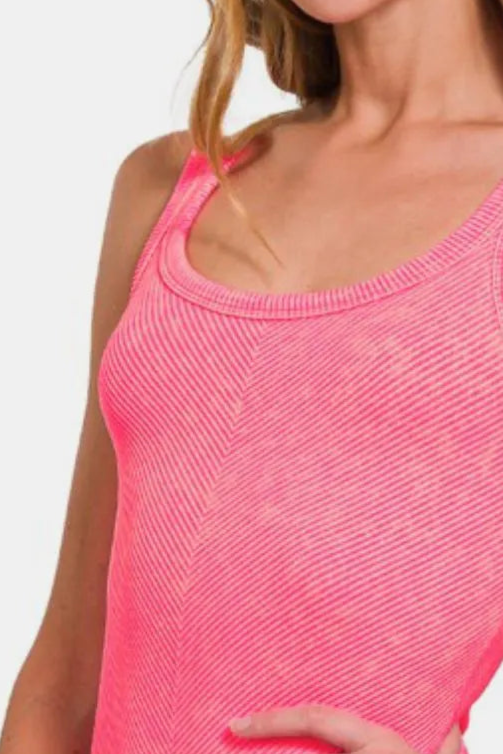 Stone Washed Ribbed Seamless Tank Top / N CORAL FUCHSIA