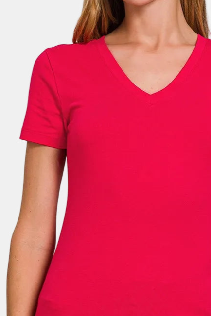 Basic Cotton V-Neck Short Sleeve Tee / RUBY