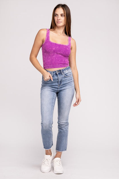 2-Way Neckline Washed Ribbed Cropped Tank Top
