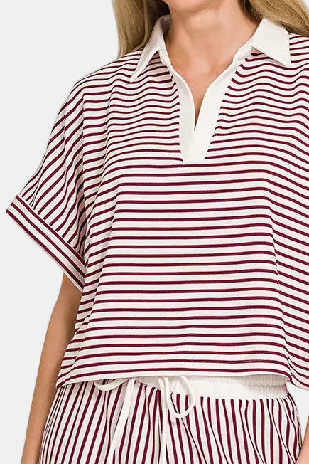 Striped Collared Top & Shorts Set / CABERNET