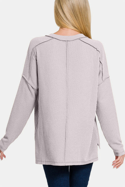 Corded Rib Long Sleeve Hi-Low V Neck Top