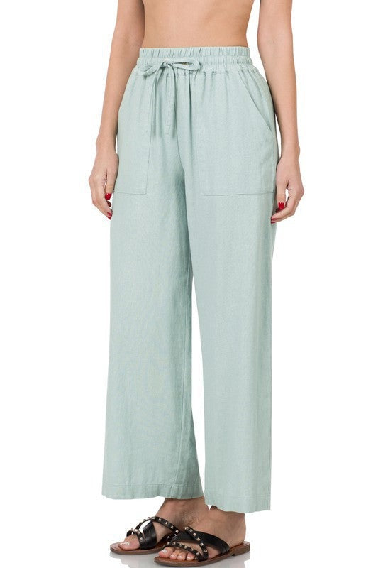 Linen Drawstring-Waist Pants with Pockets