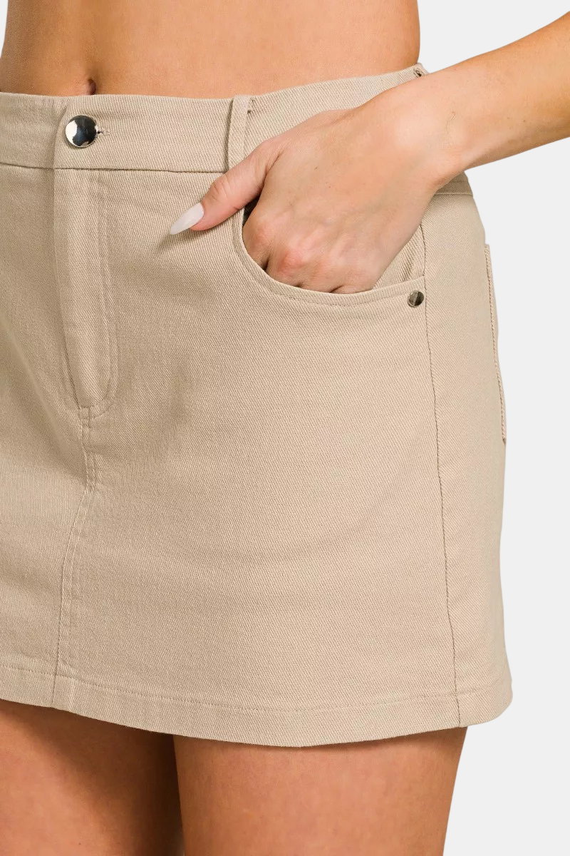 Cotton Twill Lined Mini Skirt / ASH MOCHA