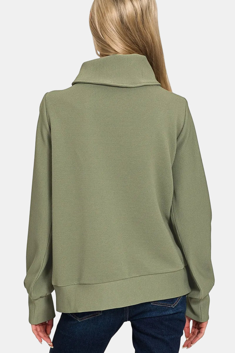 Ribbed High Neck Half Zip Pullover & Pants Set / LT OLIVE