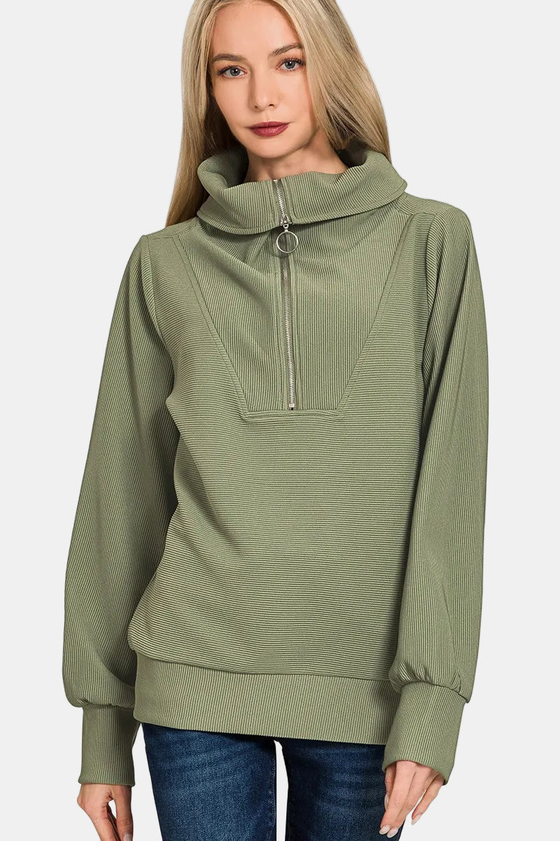Ribbed High Neck Half Zip Pullover & Pants Set / ASH JADE