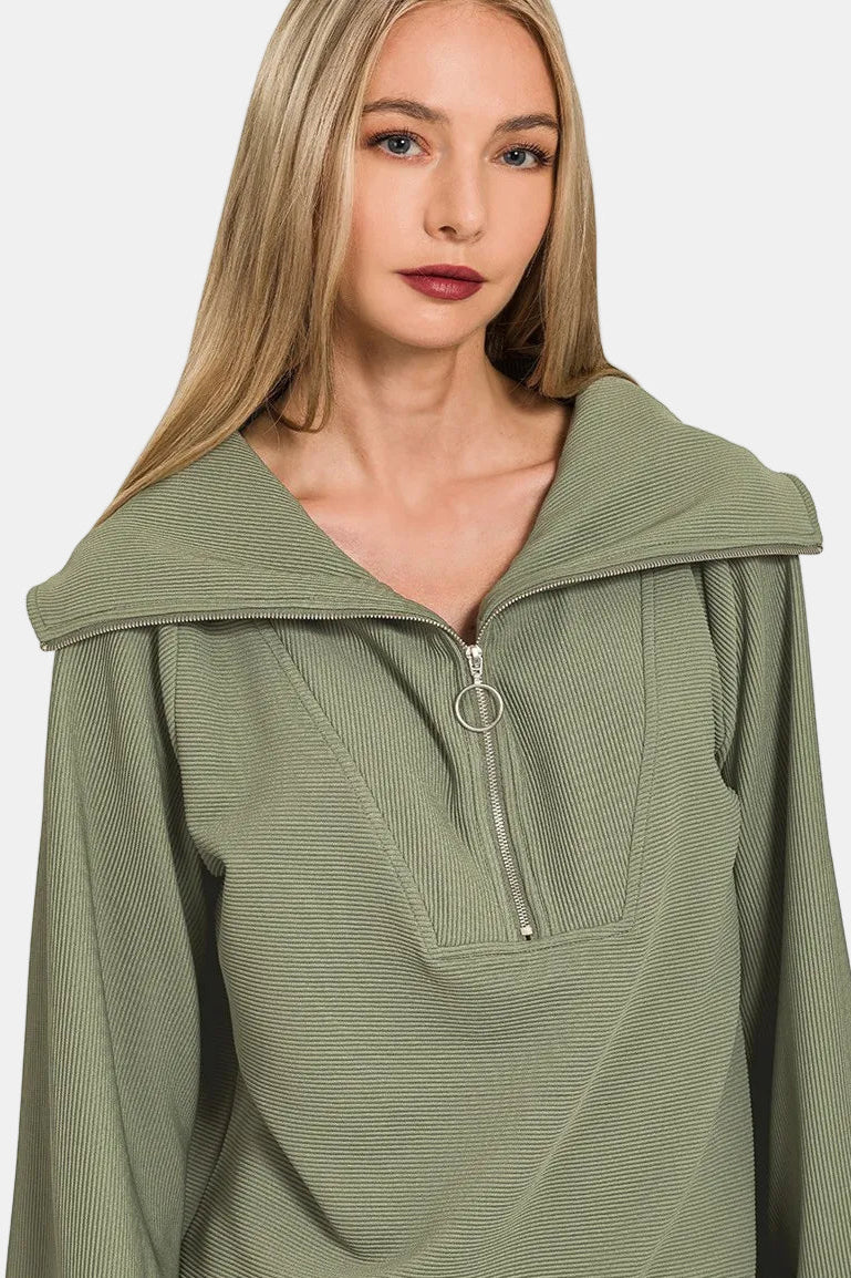 Ribbed High Neck Half Zip Pullover & Pants Set / LT OLIVE