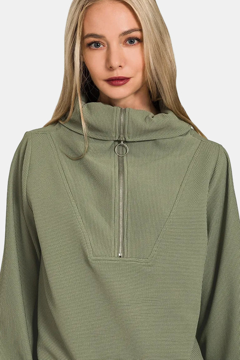 Ribbed High Neck Half Zip Pullover & Pants Set / LT OLIVE