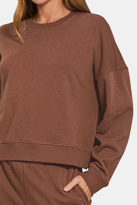 Fleece Long Sleeve Sweatshirt & Dolphin Shorts Set / BROWN