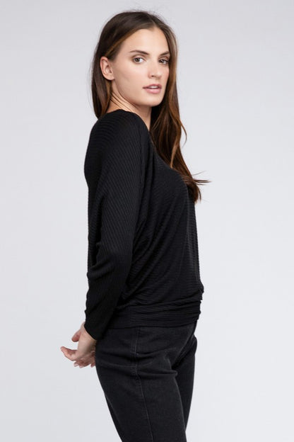 Ribbed Batwing Long Sleeve Boat Neck Sweater