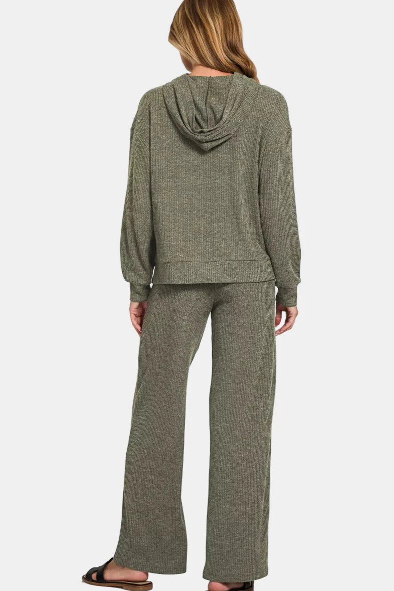 Ribbed Hooded Pullover / DK OLIVE