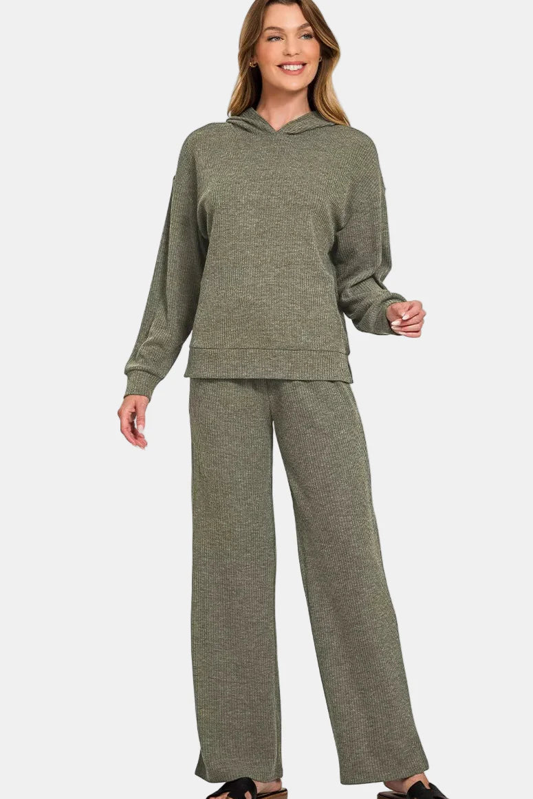 Ribbed Hooded Pullover / DK OLIVE