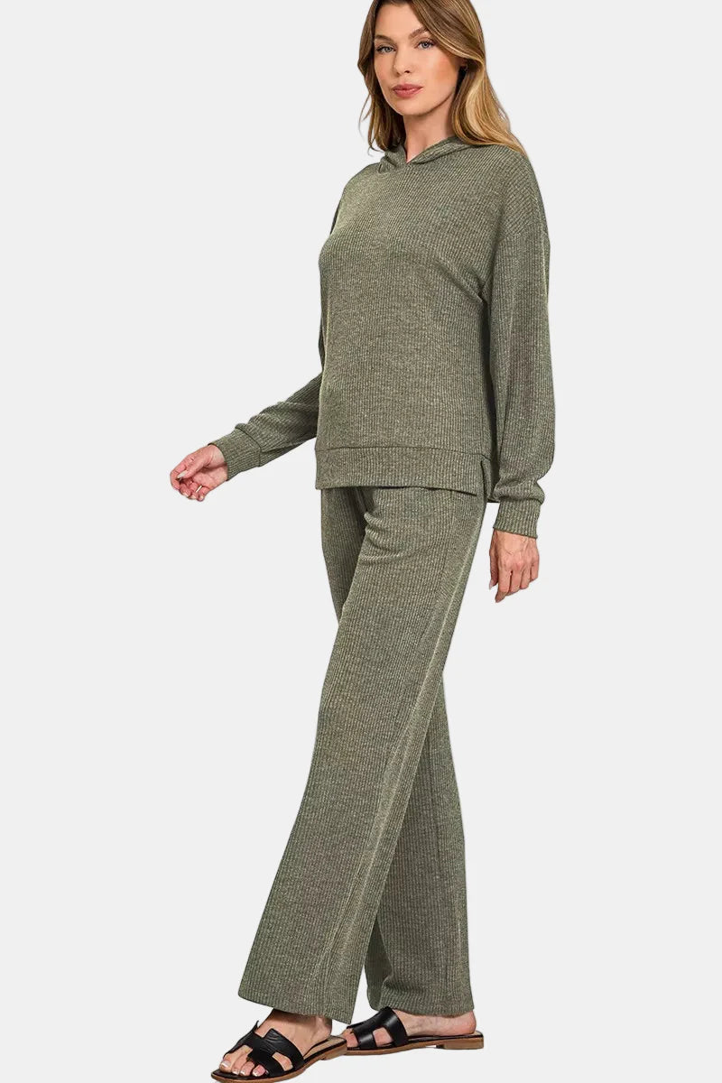 Ribbed Hooded Pullover / BROWN