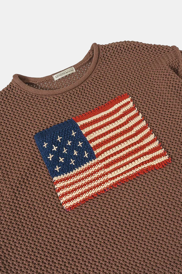 American Flag Crew Neck Open Stitch Sweater / BLACK