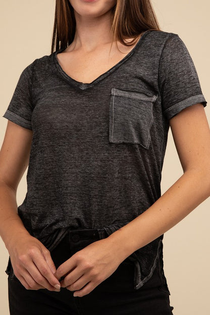 Washed Melange Burnout Scoop V-Neck Top