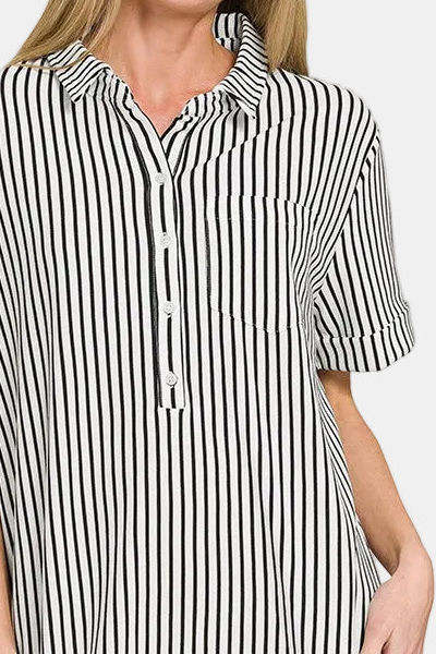 Stripe Collared Half Button Up T-Shirt Dress / BLACK