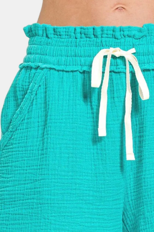 Double Gauze Elasticband Drawstring Waist Shorts / TURQUOISE
