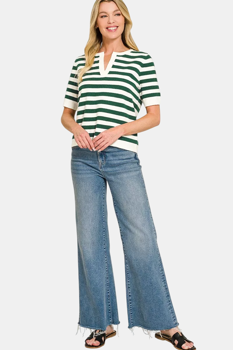 Split Neck Stripe Short Sleeve Sweater / HUNTER GREEN