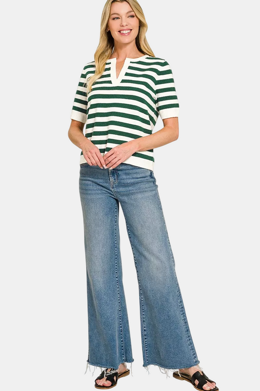 Split Neck Stripe Short Sleeve Sweater / HUNTER GREEN
