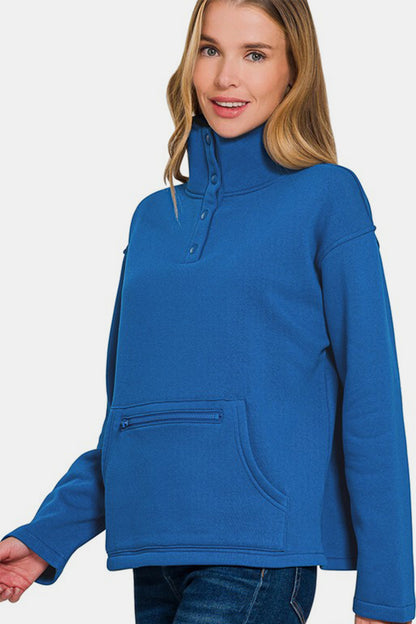 Fleece High Neck Half Snap Button Front Sweatshirt