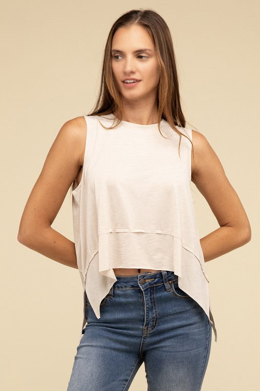 Shark Bite Side Slit Short Sleeveless Top