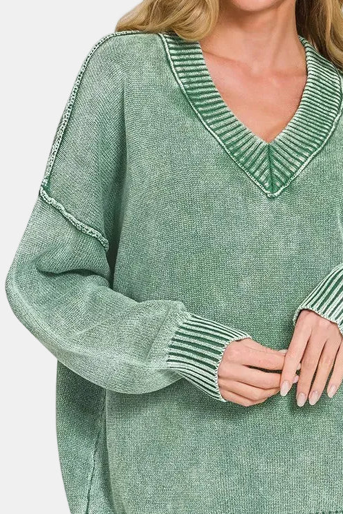 Washed Deep V-Neck Oversized Sweater / DK GREEN