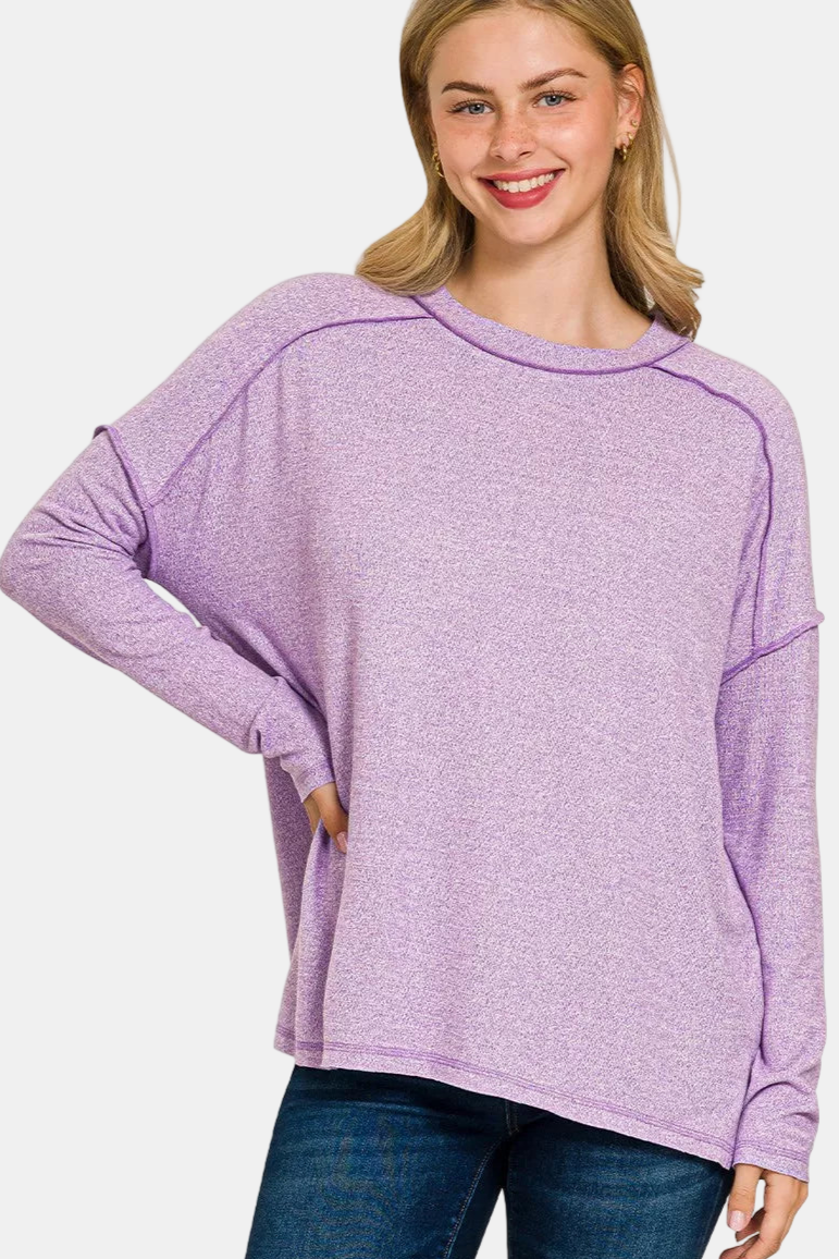 Soft Melange Hacci Exposed Seam Hi-Low Tee / LAVENDER