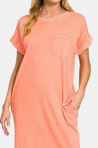 Washed Exposed Seam Short Sleeve T-Shirt Dress / CORAL