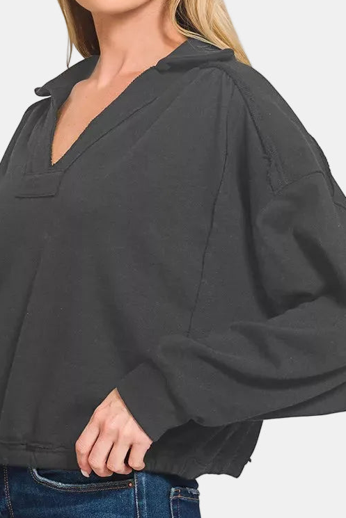 French Terry Collared Pullover / BLACK