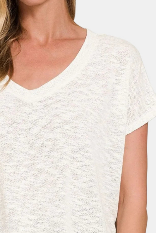Hacci Slub V-Neck Drop Shoulder Crop Top / IVORY
