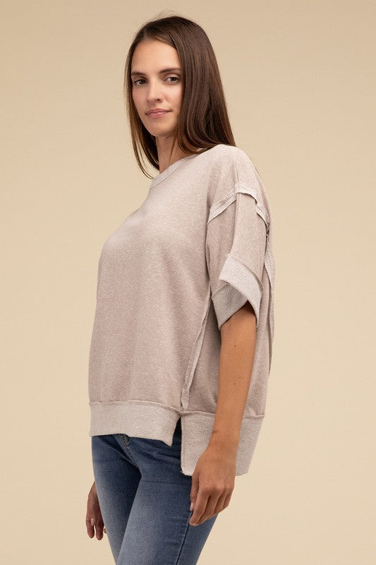 Contrast Trim Top Stitching Drop Shoulder Top