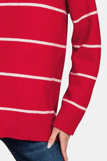 Round Neck Stripe Sweater / RUBY/IVORY