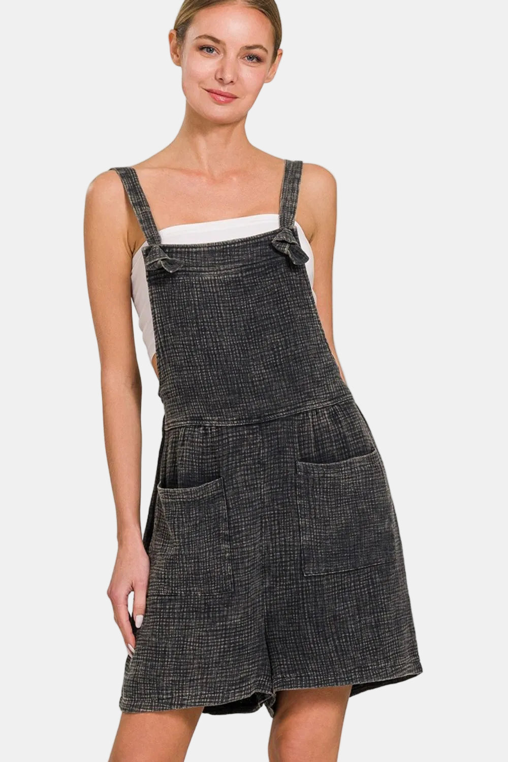 Woven Double Gauze Acid Washed Romper / ASH BLACK