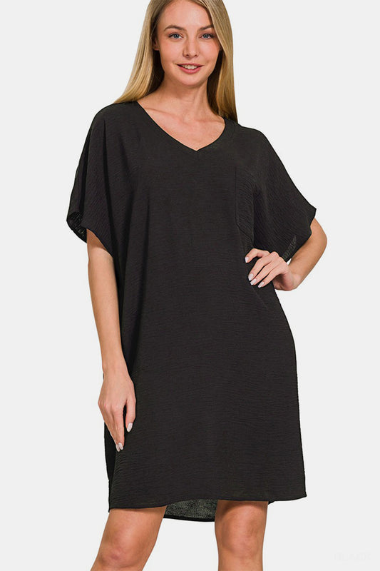 Woven Airflow V-Neck T-Shirt Dress With Pockets