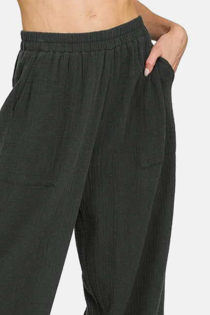 Double Gauze Elastic Band Pants / BLACK