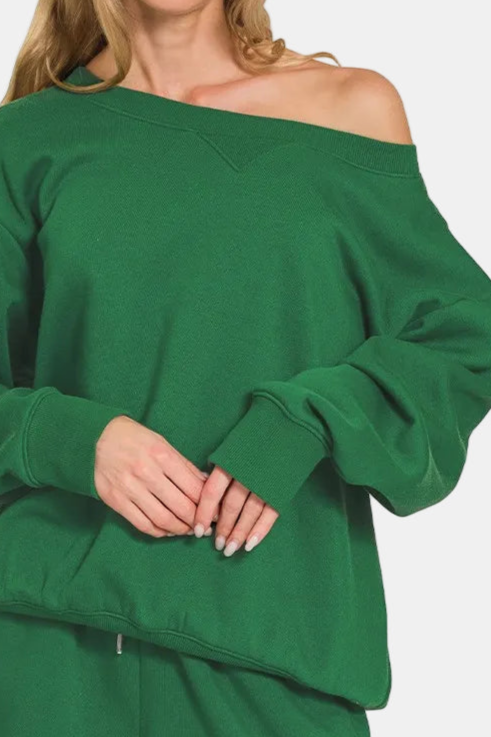 Fleece Boat Neck Sweatshirt & Shorts Set / DK GREEN
