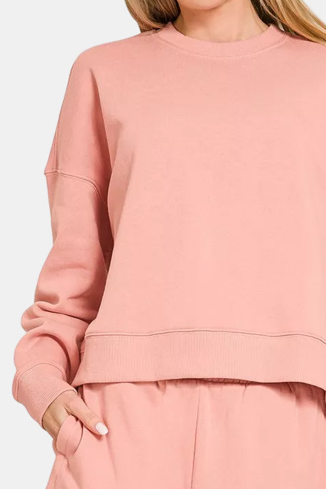 Fleece Long Sleeve Sweatshirt & Dolphin Shorts Set / TAN ROSE