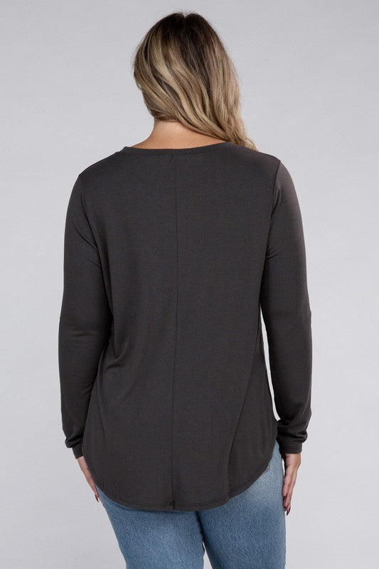 Plus Long Sleeve Round Neck Round Hem Top