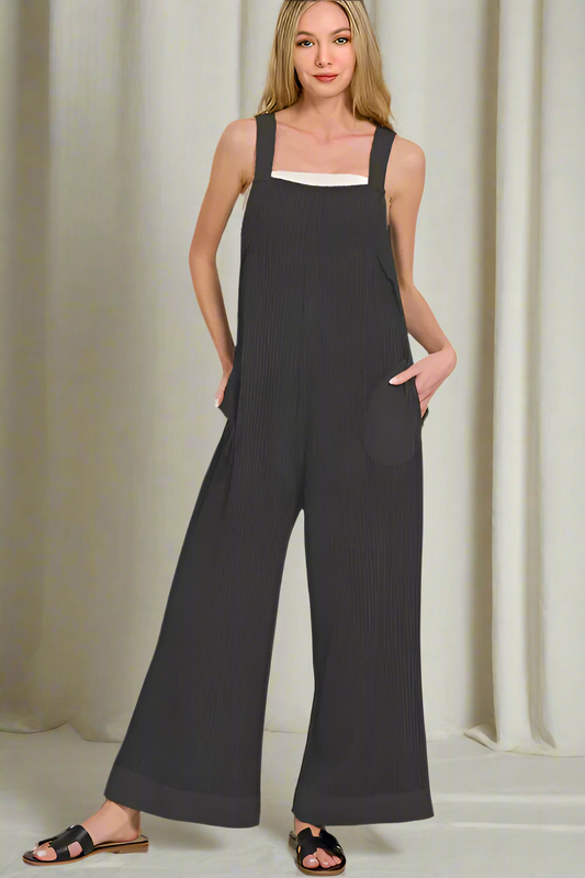 Knit Waffle Wide Leg Overalls / BLACK