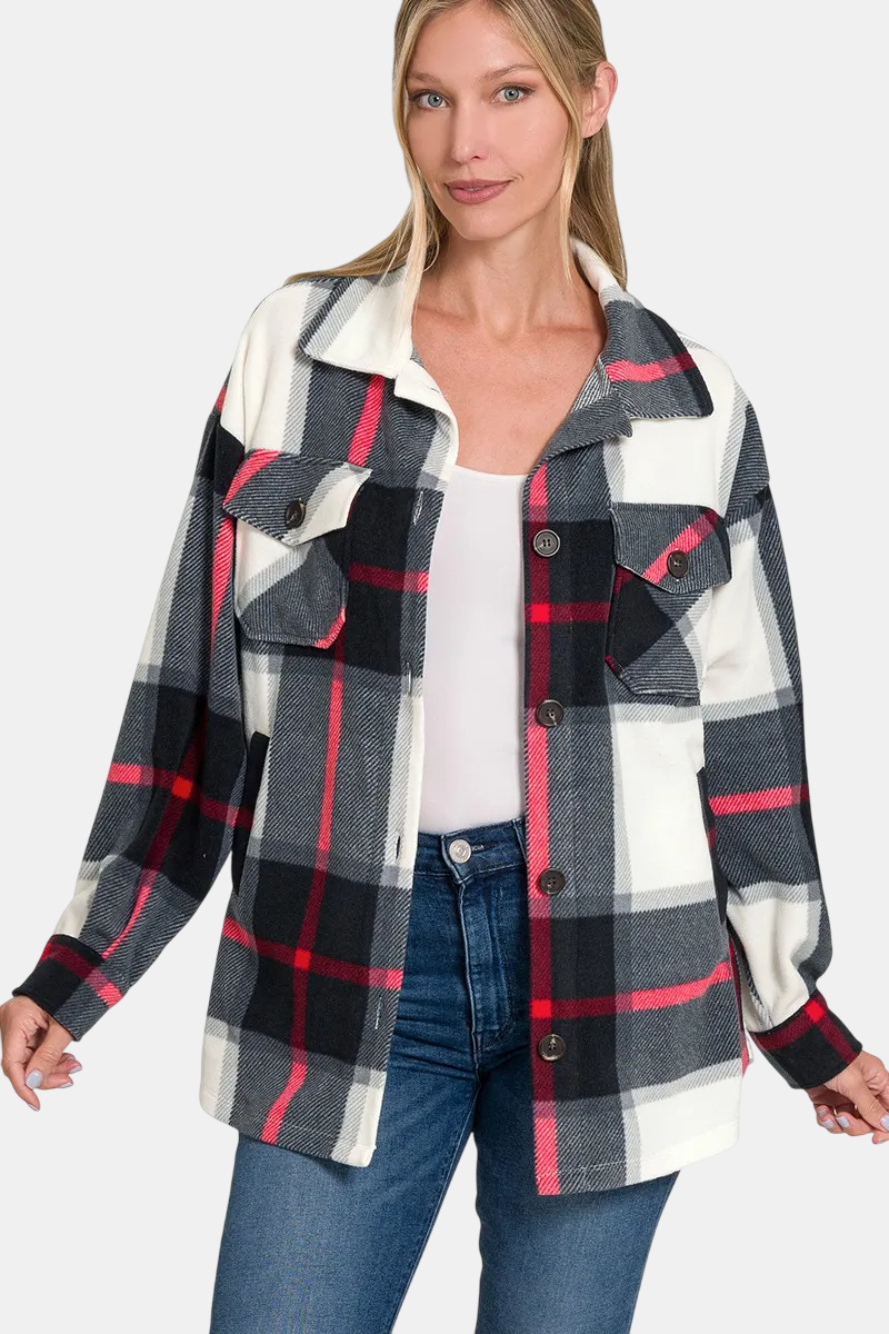 Oversized Plaid Fleece Shacket / BLACK