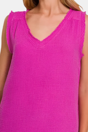 Double Gauze Raw Edge V-Neck Tank Top / NEON HOT PINK