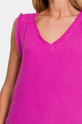 Double Gauze Raw Edge V-Neck Tank Top / NEON HOT PINK