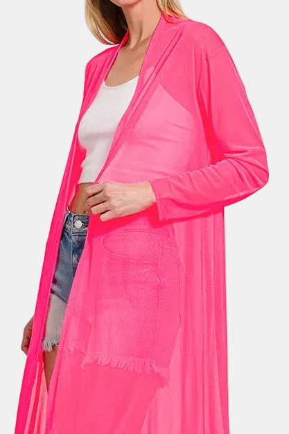Mesh Open Front Cardigan / N CORAL FUCHSIA
