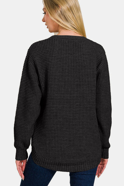 Hi-Low Long Sleeve Round Neck Waffle Sweater