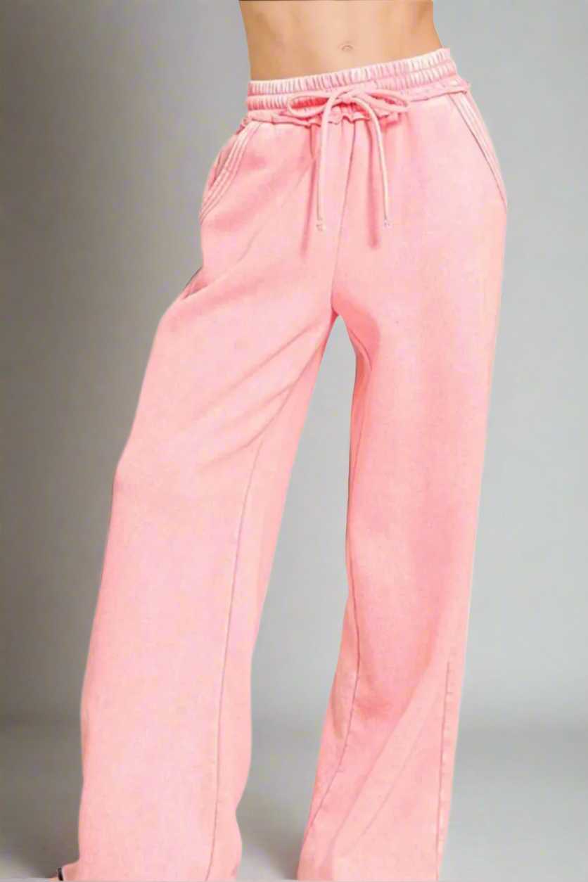 Acid Wash Fleece Palazzo Sweatpants with Pockets / DK PINK