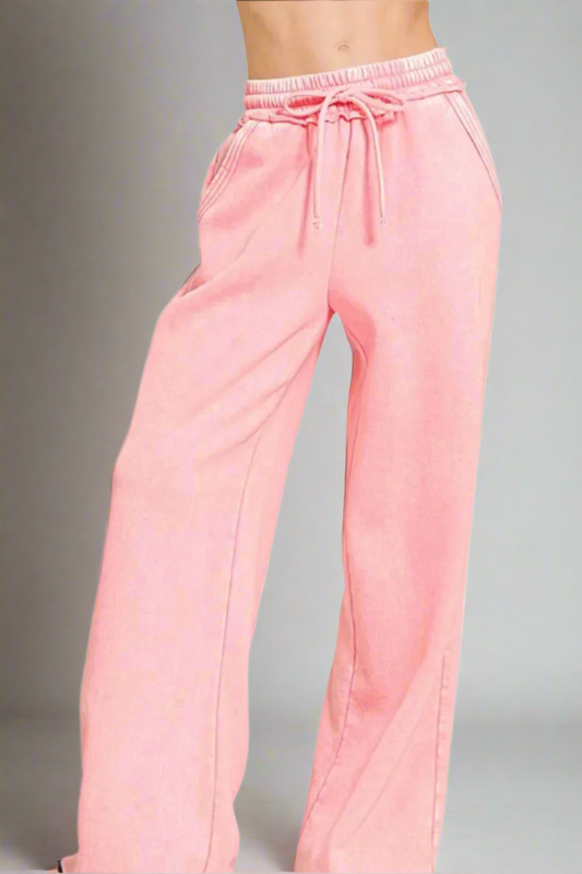 Acid Wash Fleece Palazzo Sweatpants with Pockets / DK PINK