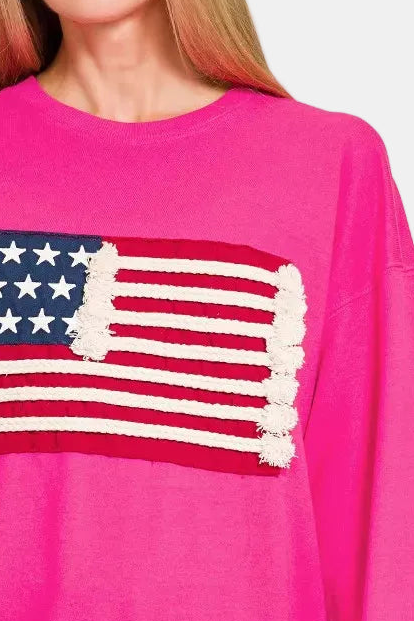 French Terry American Flag Pullover / HOT PINK