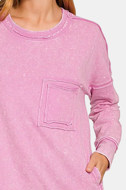F/Terry Acid Wash Raw Edge Front Pocket Pullover / MAUVE