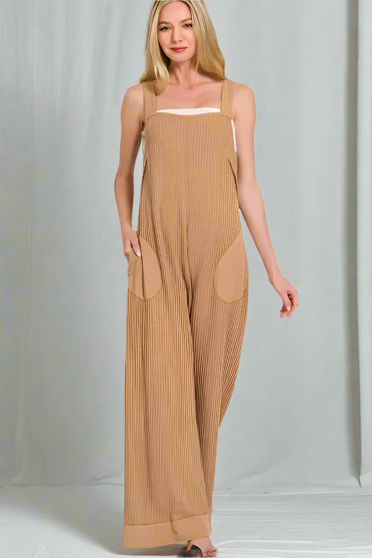 Knit Waffle Wide Leg Overalls / DEEP CAMEL